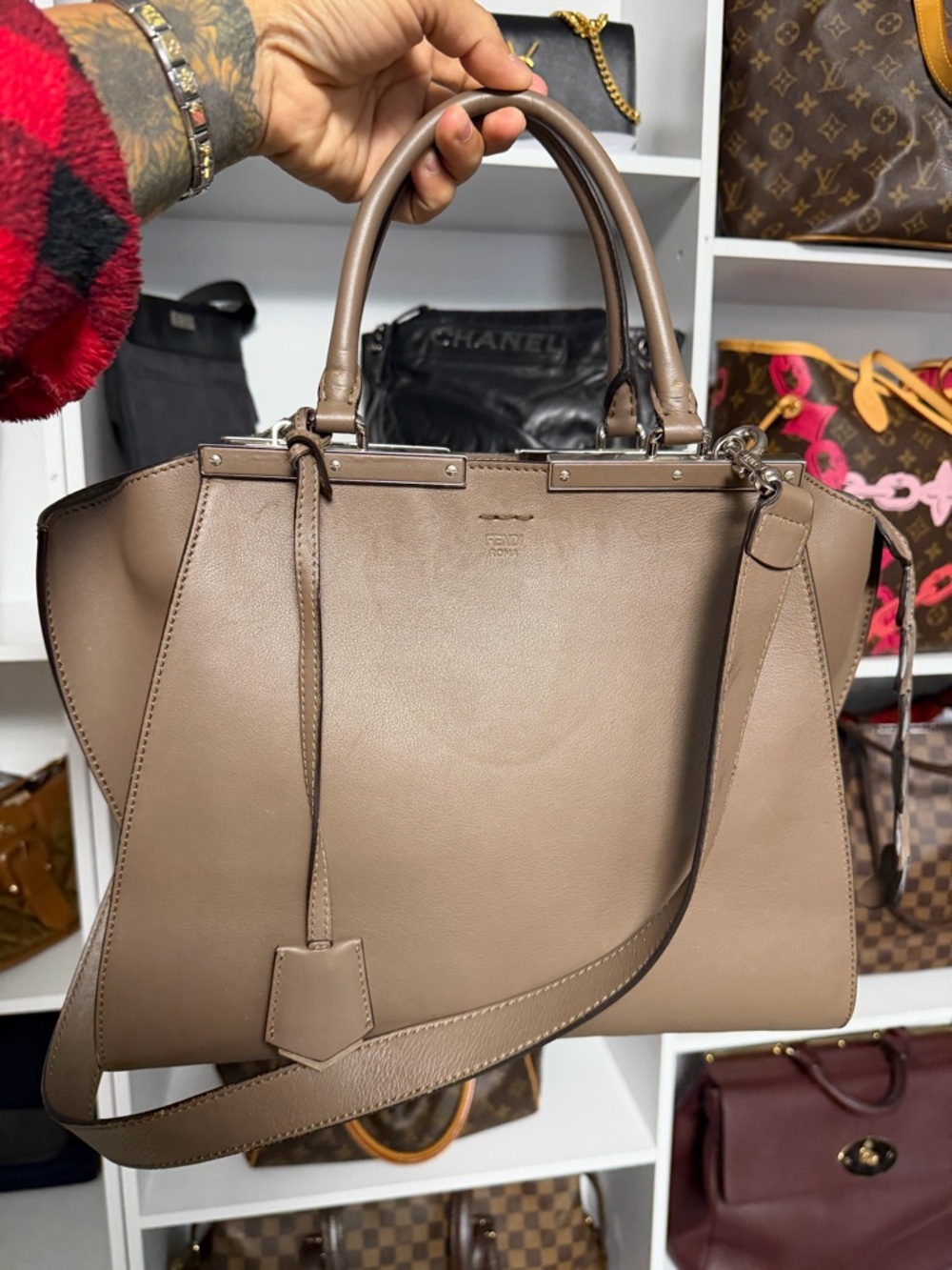 Fendi Taupe Leather Top-Handle Satchel with Shoulder Strap